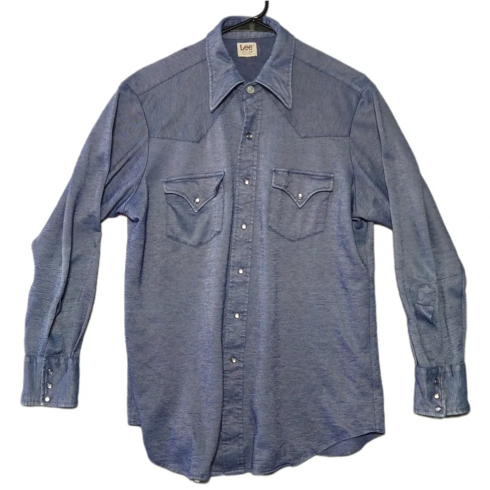 VINTAGE Lee Shirt Men 17.5 Blue Chambray 70s Western Pearl Snap Cowboy Rodeo USA
